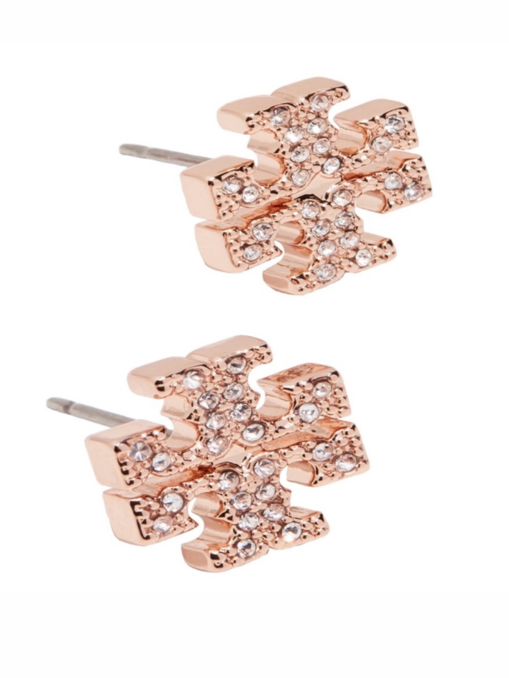 TORY BURCH • Rose Gold Crystal Logo Earrings - Picture 3 of 9